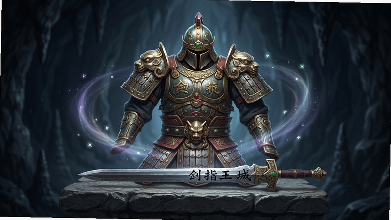 主体为一套精美的古代铠甲和一把长剑,摆放在石台上,周围环绕着淡淡的魔法光芒,背景为深色洞穴,突出装备质感,高清画质,干净无多余元素,文字