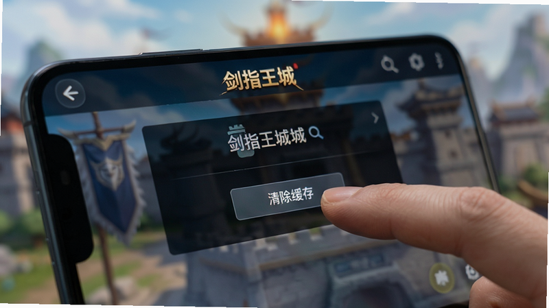 主体为一部智能手机屏幕,显示游戏设置界面,手指正在点击“清除缓存”按钮,背景模糊,突出操作细节,高清画质,干净无多余元素,文字