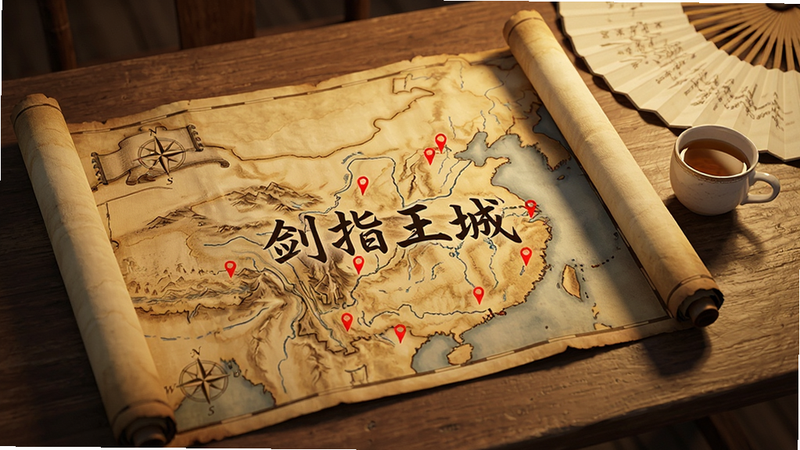 主体为一张展开的古代地图,上面标有山川河流和若干红色标记点,地图放置在木质桌面上,旁边有一杯茶和一把折扇,暖色调光线,高清画质,干净无多余元素,文字