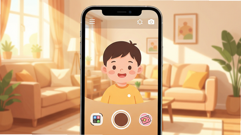 Boogu-Image ������ʾ�ʣ�����Ϊ�����ֻ���Ļ��д����Ļ������ʾ�������Ӧ�õ������棬��������ܰ�����ļ�ͥ��������������͸����������ɳ���ϣ�����ɫ�������ů�����ñ�ƽ����Ʒ�񣬽��沼�������������м��Ĳ˵�ͼ�꣬�ײ��Ǵ�Բ�ο��Ű�ť����Χ�����ż�����ͨ���Ĺ���ͼ�����˾�����ֽ�������Ű����������޶�������Ԫ�أ����廭�ʣ�ϸ�ڷḻ���ɾ���ˬ