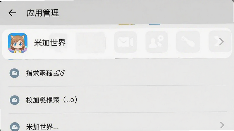 手机设置界面截图,显示“应用管理”页面,高亮显示“米加世界”应用,下方列出权限选项,界面简洁清晰,安卓风格,高清,无水印