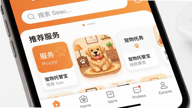 ����Ϊ�ֻ���Ļ��д����ʾ�������йܱ���APP��ҳ���棬����������Ϊ�������������в��Ƽ�����Ƭ�͵ײ����������Ű����룬����ִ���Լ��ɫ����ů��ɫ�Ͱ�ɫΪ����ϸ��չʾһֻ�ɰ��Ľ�ëȮ����ܰ�����ڵ�ͼ�꣬���ʸ��壬�ɾ��޶���Ԫ��