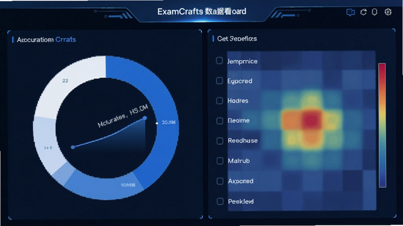 主体为ExamCrafts数据看板,布局为环形图表与列表结合,排版清晰,风格为蓝白科技风,细节展示准确率提升曲线与热力图,画质清晰,干净,无多余元素