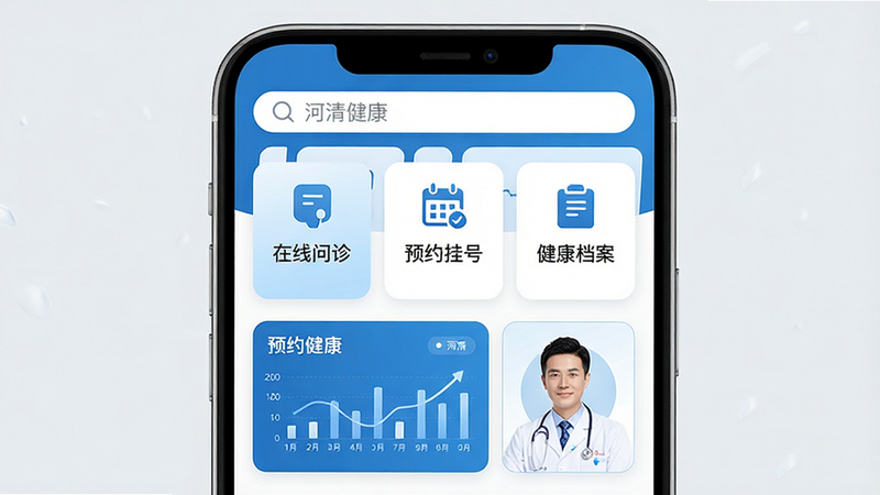 画面主体为河清健康APP的手机界面预览,布局清晰,顶部为搜索栏,中部展示“在线问诊”、“预约挂号”、“健康档案”三个核心功能卡片,配色以医疗蓝和白色为主,风格简洁现代,细节展示数据图表与医生头像,画质高清,干净无多余元素,文字内容包含“河清健康”