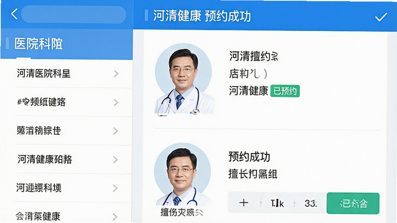 展示河清健康APP的在线预约界面,主体为医生列表与时间选择器,布局采用左右分栏,左侧为医院科室,右侧为医生头像与擅长领域,风格专业严谨,细节包含绿色的“已预约”状态标签,画质清晰,干净,无多余元素,文字显示“河清健康 预约成功”