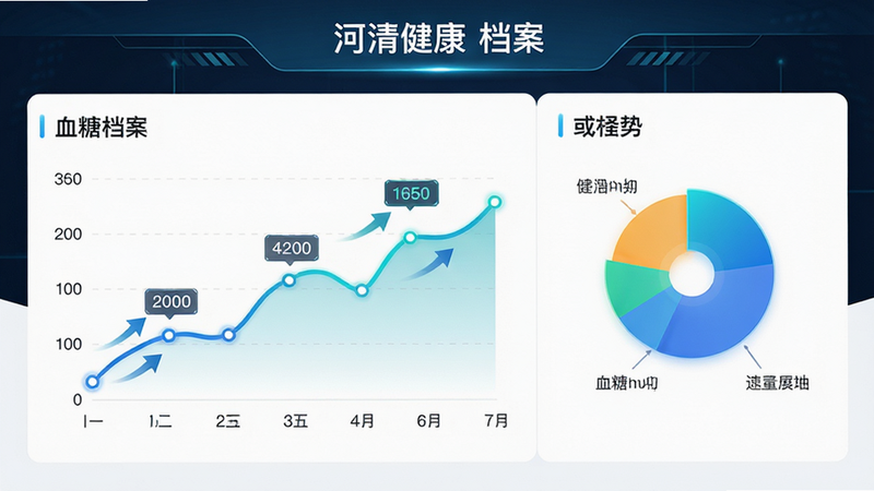 河清健康APP的健康档案页面,主体为折线图与饼状图,布局居中,展示血压、血糖、体重等指标变化趋势,风格科技感强,细节包含数据标注点与趋势箭头,画质高清,干净,无多余元素,文字包含“河清健康 档案”