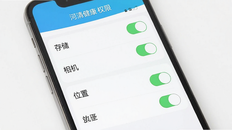 手机界面展示河清健康APP的权限设置页面,主体为列表选项,布局纵向排列,包含“存储”、“相机”、“位置”等权限开关,风格简洁,细节显示开关处于开启状态,画质清晰,干净,无多余元素,文字包含“河清健康 权限”