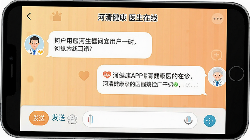 河清健康APP的在线问诊聊天界面,主体为对话气泡,布局上下排列,左侧为用户提问,右侧为医生回复,风格温馨亲切,细节包含发送按钮与输入框,画质清晰,干净,无多余元素,文字显示“河清健康 医生在线”