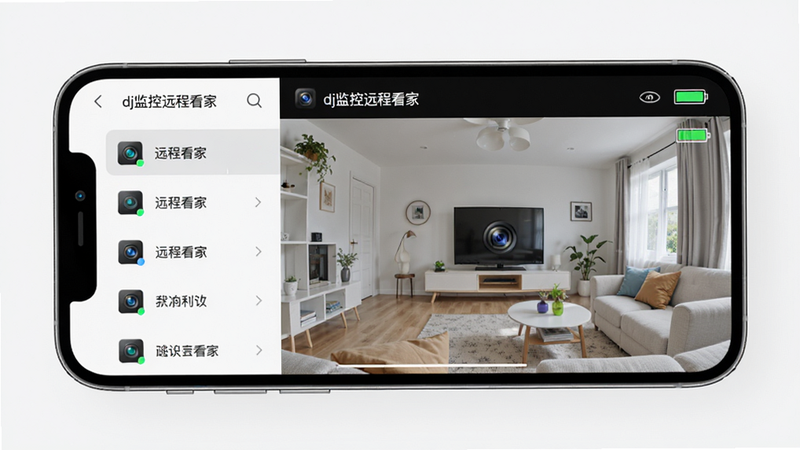 主体为手机屏幕界面,显示dj监控远程看家的实时视频画面,布局清晰,左侧为设备列表,右侧为主视图,风格为现代简约科技风,细节包含高清摄像头图标和电池电量显示,画质高清,干净,无多余元素,文字标注“dj监控远程看家”