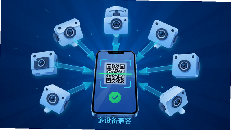主体为多个摄像头图标汇聚到一个手机屏幕,布局为放射状,风格为科技感蓝色调,细节包含二维码扫描动画和连接成功标志,画质清晰,干净,无多余元素,文字标注“多设备兼容”