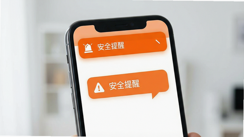 主体为手机收到报警通知的界面,布局为顶部通知栏高亮,风格为警示橙色调,细节包含警报图标和消息气泡,画质鲜明,干净,无多余元素,文字标注“安全提醒”