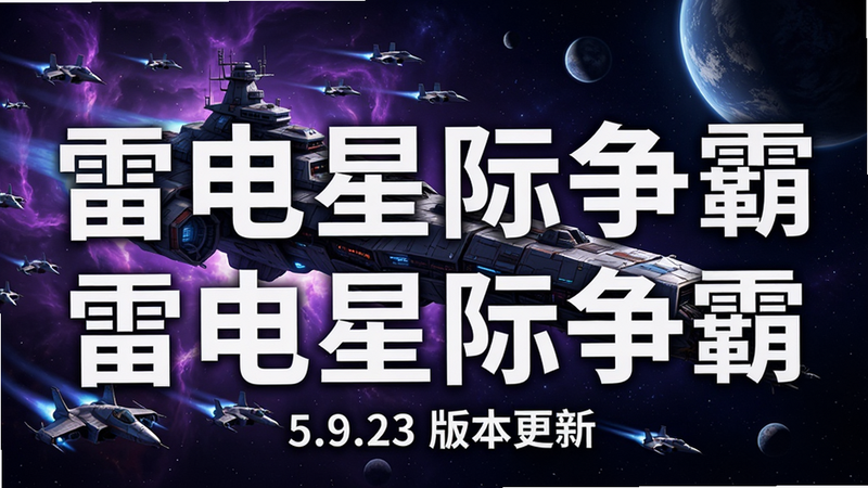 一张横向构图的科幻游戏宣传海报,主体是巨大的雷霆战舰在紫色星云中穿梭,周围环绕着小型战斗机群,背景是深邃的太空和遥远的星球,画面中央醒目地显示白色粗体中文文字