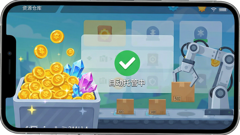 手机屏幕界面截图展示,左侧显示资源仓库装满金币和水晶的动画,右侧显示一个机械臂正在自动装载货物,背景为半透明的游戏UI菜单,中间有绿色对勾图标和文字