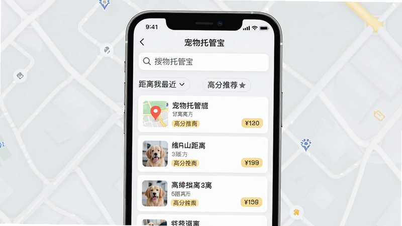 手机屏幕显示“宠物托管宝”的搜索界面,布局上方为关键词输入框,中间展示带有地图定位的列表项,每项包含店铺名称、距离与价格标签,排版整齐,风格现代简约,细节突出地图定位图标与筛选标签,画质清晰,文字包含“距离我最近”与“高分推荐”
