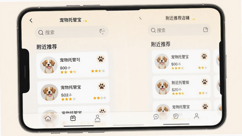 主体为“宠物托管宝”APP的手机界面截图,布局清晰展示首页的搜索栏、附近的托管店铺列表以及底部的导航栏,排版采用扁平化设计风格,背景为柔和的米白色,细节处包含清晰的宠物图标与评分星级,画质高清干净,无多余元素,文字包含“宠物托管宝”与“附近推荐”