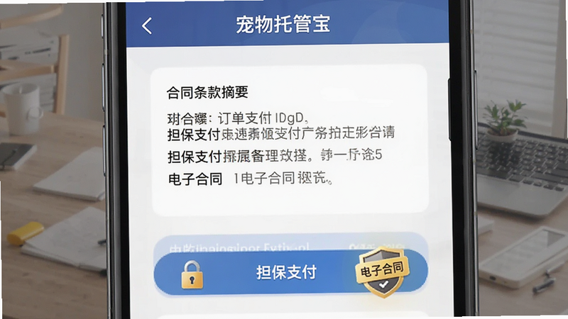 手机界面显示“宠物托管宝”的订单支付与合同签署页,布局中间为合同条款摘要,下方为支付按钮与担保标识,排版严谨规范,风格商务安全,细节突出锁形安全图标与确认按钮,画质清晰锐利,文字包含“担保支付”与“电子合同”