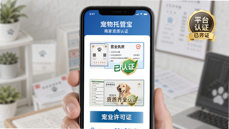 手机界面展示“宠物托管宝”的商家资质认证页面,布局包含营业执照、卫生许可证等证件缩略图及认证徽章,排版信任感强,风格专业严谨,细节突出“已认证”标识,画质高清,文字包含“资质齐全”与“平台保障”