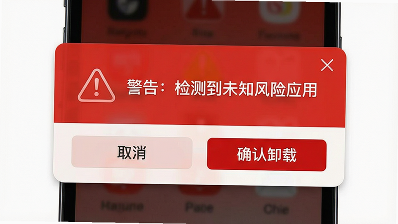 ����Ϊ�ֻ���ȫ��ʾ��������ʾ�����棺��⵽δ֪����Ӧ�á����·��С�ȡ�����͡�ȷ��ж�ء���ť�����־��У����Ϊ��ɫ��ʾɫ����ϸ��չʾ����ͼ�����������ݣ������������ɾ����޶���Ԫ��