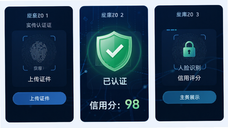 主体为伴友汇的实名认证流程界面,布局分为三步:上传证件、人脸识别、信用评分展示,背景为深蓝色科技风,中间高亮显示绿色盾牌图标代表“已认证”,下方有“信用分:98”的醒目数字,风格专业且具安全感,细节包括指纹识别纹理和锁形图标,画质清晰,无多余装饰