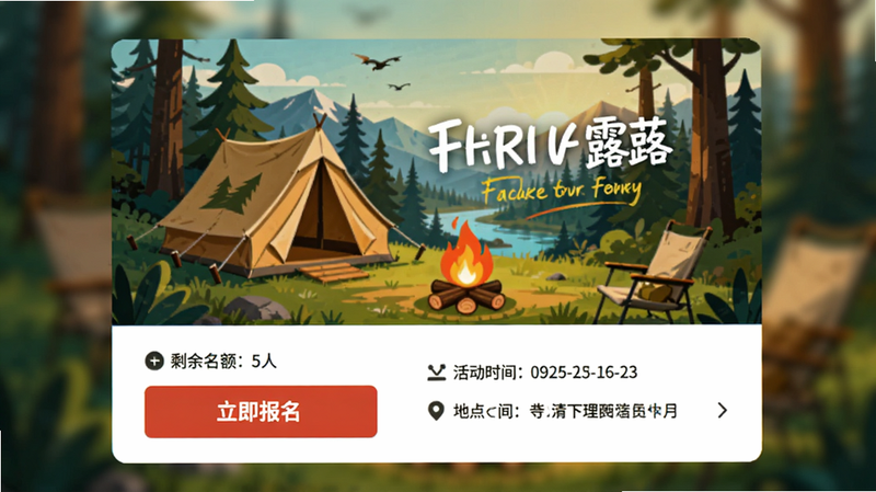 主体为伴友汇线下活动报名页面,布局展示一张精美的露营活动海报,下方有“剩余名额:5人”、“立即报名”红色按钮,旁边显示活动时间与地点,风格为户外自然风,背景虚化处理突出前景UI元素,细节包括帐篷、篝火图标,画质细腻,色彩鲜艳