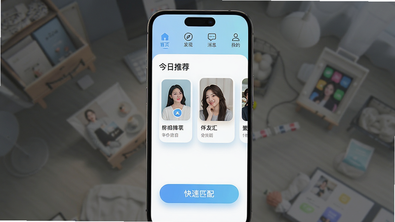 主体为伴友汇APP的主界面展示,布局采用卡片式流媒体设计,顶部导航栏清晰显示“首页”、“发现”、“消息”、“我的”四个选项,中间区域展示“今日推荐”用户头像卡片,底部有悬浮的“快速匹配”按钮,风格为现代极简主义,配色以清新的浅蓝色和白色为主,细节处体现柔和的圆角阴影效果,画质高清8K,干净无多余元素