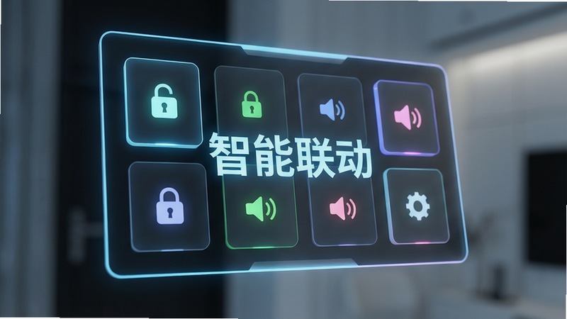 智能控制面板界面特写,主体为悬浮的全息操作面板,布局为卡片式排列,排版清晰,风格为赛博朋克与极简主义结合,细节展示灯光、门锁、音响的图标状态,画质细腻,干净无杂乱元素,文字“智能联动”醒目显示