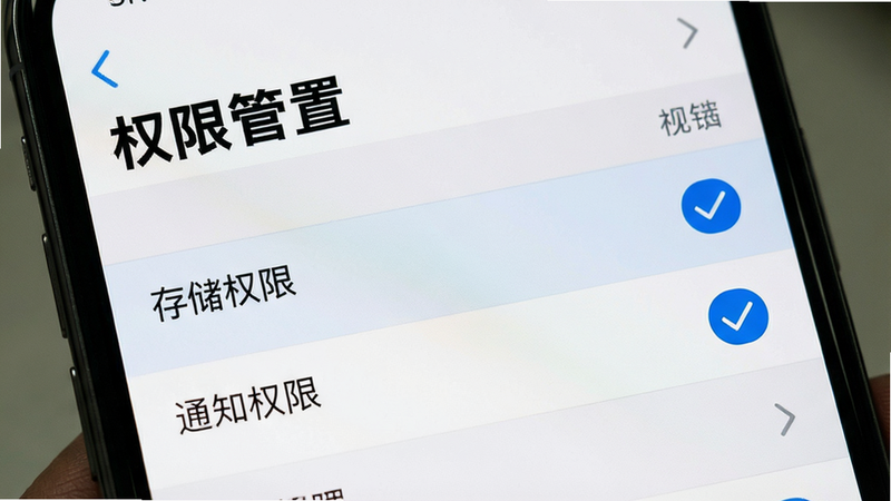 手机设置界面特写,主体为“权限管理”菜单,布局为列表式,排版清晰,风格为系统原生UI,细节包含“存储权限”、“通知权限”的高亮勾选状态,画质清晰,干净无水印,文字“权限设置”醒目显示