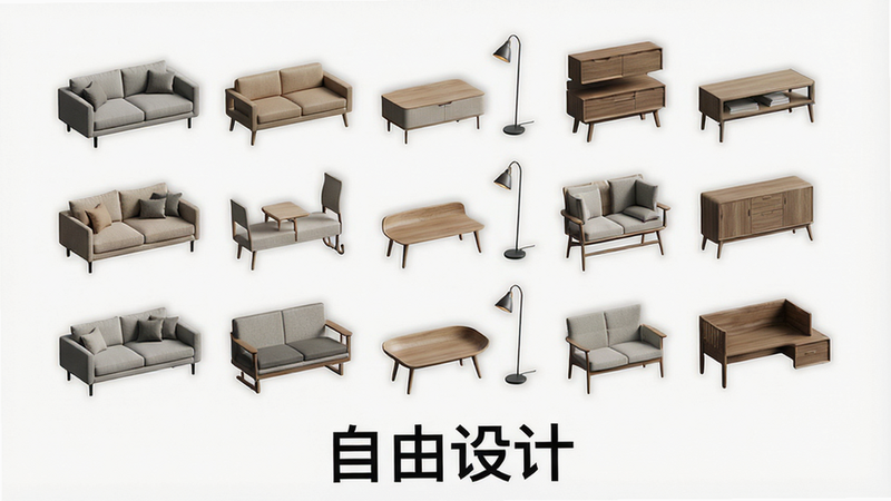 家具设计工作台,主体为各种风格的家具3D模型悬浮展示,布局为网格状陈列,排版规整,风格为现代极简,细节包含沙发、茶几、落地灯的高清纹理,画质逼真,干净无背景干扰,文字“自由设计”置于底部