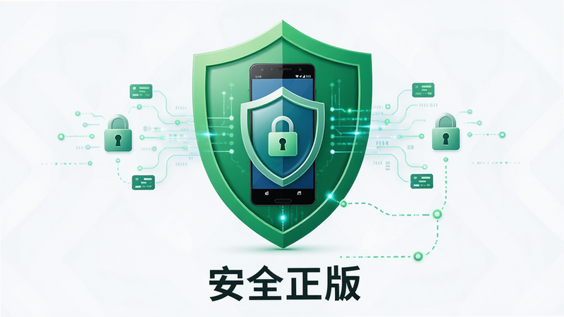 安全盾牌图标与手机连接示意图,主体为绿色盾牌保护着一部安卓手机,布局为中心对称,排版简洁,风格为科技商务风,细节包含数据流线条与锁形图标,画质高清,干净无杂物,文字“安全正版”置于底部