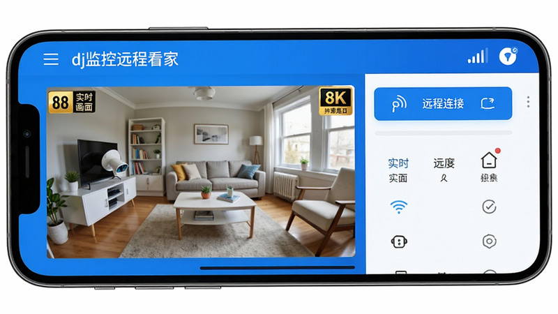 主体为智能手机屏幕显示“dj监控远程看家”App界面,布局分为左侧实时视频流窗口和右侧功能控制栏,排版整洁现代,风格为科技感蓝白配色,细节展示高清画质标识与信号强度图标,画质8k,干净,无多余元素,文字“实时画面”、“远程连接”清晰可见