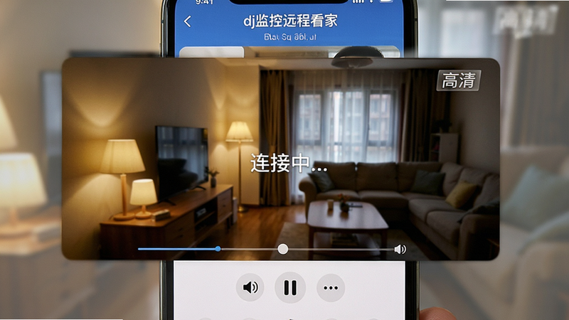 主体为手机屏幕特写,显示“dj监控远程看家”App正在传输高清视频,布局为全屏视频模式,底部有音量与暂停按钮,排版沉浸式,风格为真实生活场景,细节展示室内灯光与家具轮廓,画质高清,干净,无多余元素,文字“连接中...”、“高清”