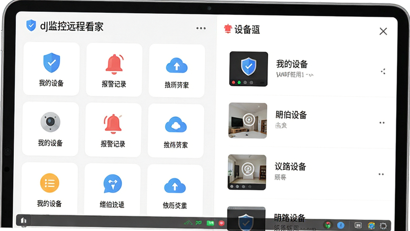 主体为“dj监控远程看家”App的操作界面展示,布局为左右分栏,左侧为功能图标网格,右侧为设备列表,排版扁平化设计,风格简约白色背景,细节展示盾牌安全图标与云同步标志,画质清晰,干净,无多余元素,文字“我的设备”、“报警记录”