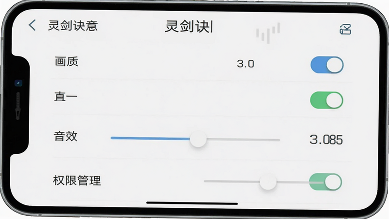 主体为《灵剑诀意》手机端设置界面,布局为列表式,显示画质、音效、权限管理等选项,背景为浅色,排版简洁,风格扁平化UI,细节包含开关按钮与滑块,画质清晰,干净无冗余信息