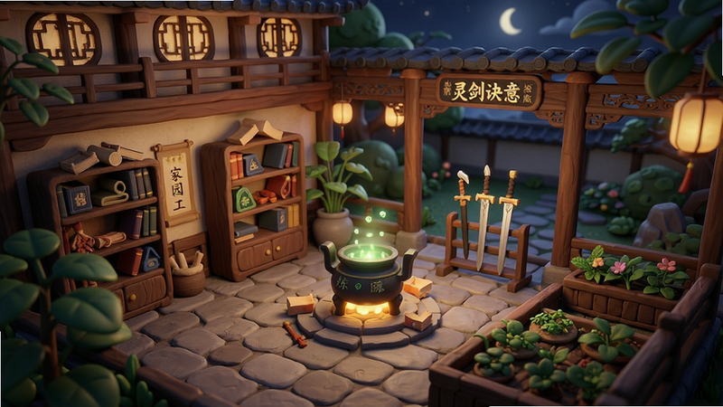 主体为《灵剑诀意》家园工坊场景,布局为多层庭院结构,中央为炼丹炉,周围分布着书架、剑架、药圃,背景为夜晚庭院,灯光柔和,排版透视感强,风格温馨国风,细节包含植物叶片纹理与建筑雕花,画质精美,干净