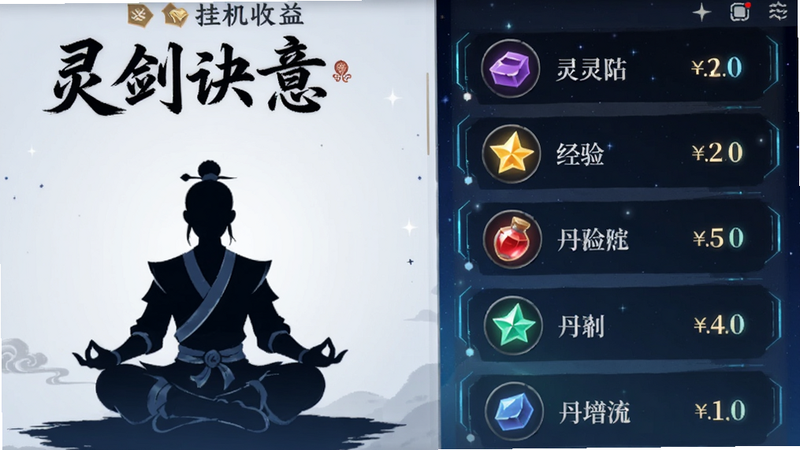 主体为《灵剑诀意》挂机收益界面特写,布局左侧为角色打坐剪影,右侧为滚动的收益列表,显示灵石、经验、丹药等图标及数字,背景为深蓝色星空,排版列表形式,风格简约科技风结合古风,细节清晰,数字发光,画质高清,干净