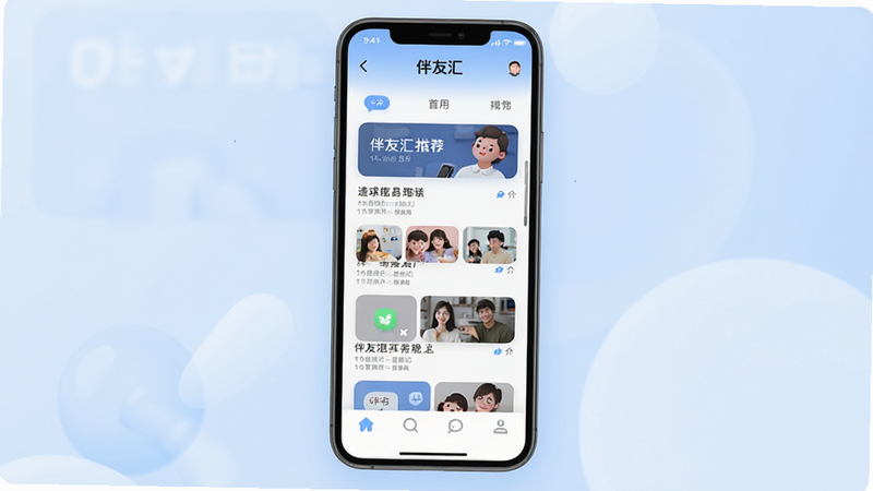 伴友汇应用界面全景展示,主体为智能手机屏幕,显示首页推荐列表与聊天窗口布局,背景为柔和的浅蓝色渐变,扁平化设计风格,图标清晰圆润,文字清晰可读,高清画质,无多余装饰元素,干净简洁,现代科技感