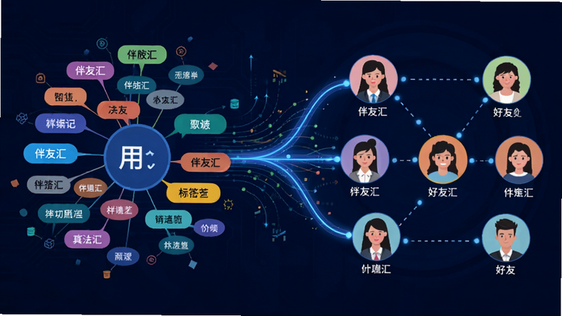 伴友汇智能匹配功能示意图,左侧为用户标签云,右侧为匹配成功的好友头像连接,中间用发光线条连接,背景为深蓝色科技风,数据流动效果,清晰展示算法逻辑,扁平插画风格,色彩鲜明,细节丰富,高质量渲染,无杂乱背景