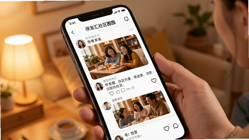 伴友汇社区圈子功能展示,手机屏幕显示动态流界面,包含图片、文字和点赞评论图标,背景为温馨的暖色调,模拟真实用户互动场景,界面元素布局合理,字体清晰,细节精致,现代移动应用设计风格,高清晰度,无模糊元素