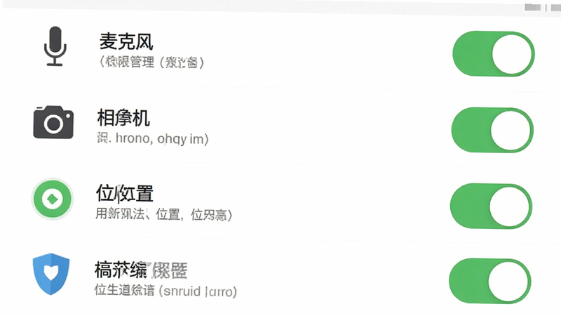 伴友汇手机设置界面示意图,展示权限管理列表,包括麦克风、相机、位置等选项,开关状态清晰可见,背景为简洁的白色,扁平化图标设计,文字说明清晰,高保真UI截图,无多余干扰元素,清晰度高