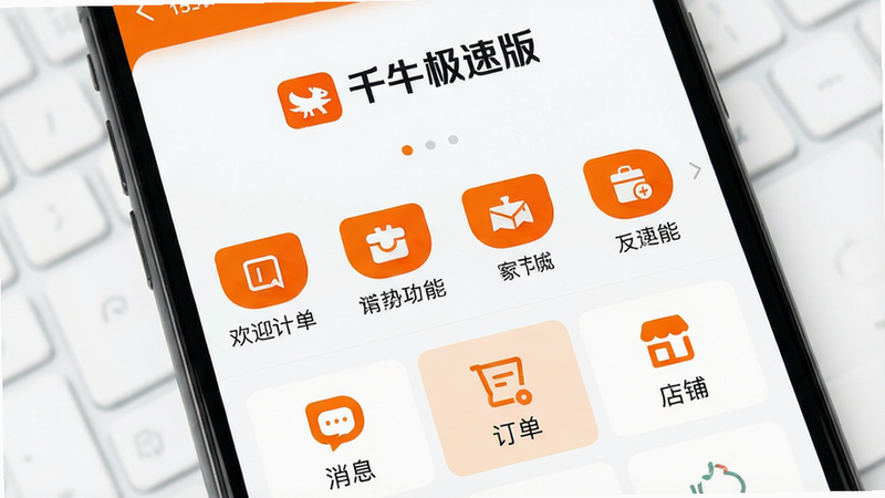 画面主体为千牛极速版手机应用界面展示,布局清晰,上方显示简洁的欢迎页与核心功能入口图标,下方排列“消息”、“订单”、“店铺”三大主要模块,整体风格采用极简主义,色彩以白色为底搭配品牌橙色点缀,文字内容清晰可见,包含“千牛极速版”Logo,画质超高清,细节丰富,无多余背景元素,干净利落