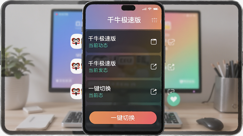 展示千牛极速版的多店铺切换功能界面,屏幕中央显示店铺列表,每个店铺项清晰标注店铺名称与当前状态,下方有醒目的“一键切换”按钮,背景为柔和的渐变色,突出多任务管理场景,布局规整,文字清晰,画质高,无多余装饰