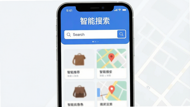 主体为智能搜索界面示意图,手机屏幕中央显示搜索框,下方列出分类清晰的推荐卡片,布局采用网格状排列,排版紧凑有序,风格为扁平化UI,细节展示模糊化的商品图标和地图标记,画质清晰,干净,无多余元素,文字'智能搜索'高亮显示