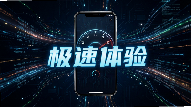 主体为速度仪表盘概念图,背景为深色科技风,手机界面位于中心,周围环绕着流动的数据光带,布局呈放射状,排版突出中心内容,风格为赛博朋克风,细节展示数据流动的线条,画质高清,干净,无多余元素,文字'极速体验'发光显示