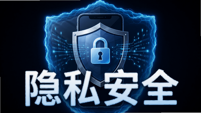 主体为盾牌保护图标,手机被蓝色能量盾包裹,布局中心对称,排版简洁有力,风格为安全科技风,细节展示锁头和数据流被保护的状态,画质清晰,干净,无多余元素,文字'隐私安全'醒目显示