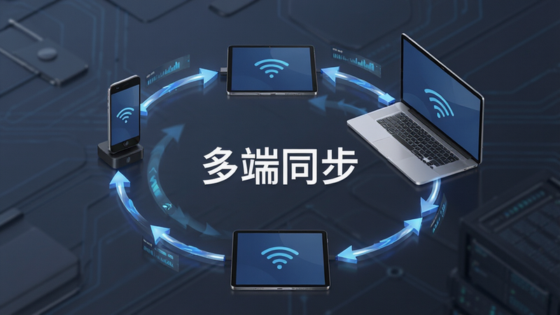 主体为多台设备连接示意图,手机、平板和电脑通过光线连接,布局呈环形分布,排版平衡协调,风格为现代商务风,细节展示数据同步的箭头动画,画质高清,干净,无多余元素,文字'多端同步'清晰可见