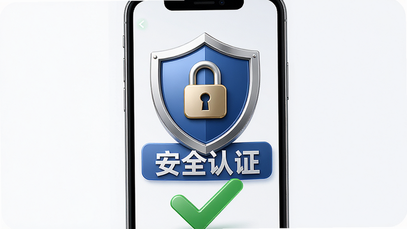 主体为安全认证徽章,手机屏幕显示绿色对勾,布局简洁,排版居中,风格为信任感设计,细节展示盾牌和锁头图标,画质高清,干净,无多余元素,文字'安全认证'清晰