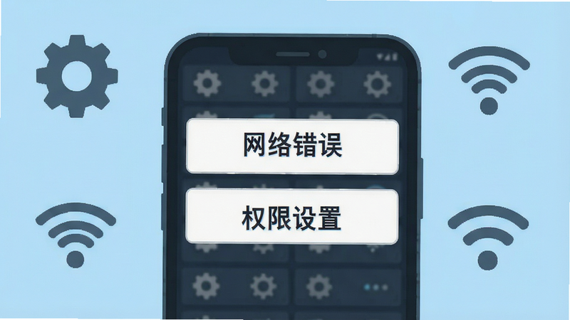 一张模拟手机故障排查的场景图,主体为手机屏幕显示“网络错误”和“权限设置”两个选项,布局为上下排列,背景为浅蓝色,风格为扁平化教程风,细节包含齿轮设置图标和WiFi信号图标,画质清晰,直观易懂