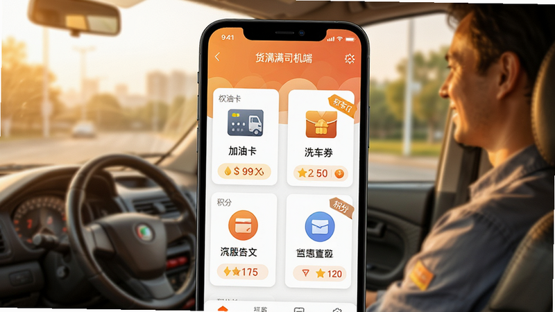 一张温馨的司机服务场景图,主体为“货满满司机端”APP内的权益中心页面,布局为卡片式排列,展示加油卡、洗车券等图标,风格为暖色调生活化设计,细节表现优惠标签和积分数字,画质明亮,传达关怀与实惠
