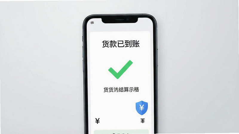 一张简洁的金融结算示意图,主体为手机界面显示“货款已到账”的绿色对勾,布局居中,背景为浅灰色渐变,风格为简约商务风,细节包含人民币符号和盾牌安全图标,传达安全与快速,画质干净