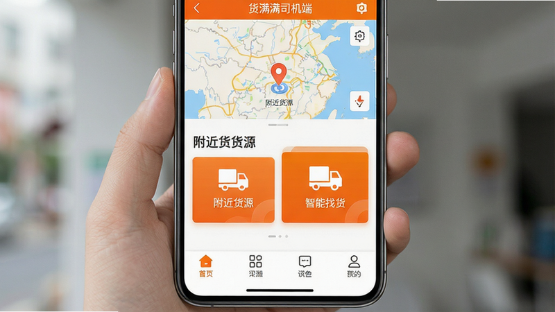 一张高清的手机界面展示图,主体是“货满满司机端”安卓应用的主屏幕界面,布局清晰,顶部显示地图导航背景,中部突出显示“附近货源”和“智能找货”两个核心功能入口,底部是简洁的导航栏。风格为现代扁平化设计,色彩以白色和活力橙为主,细节处体现地图定位图标和货车图标,画质高清,干净无多余元素